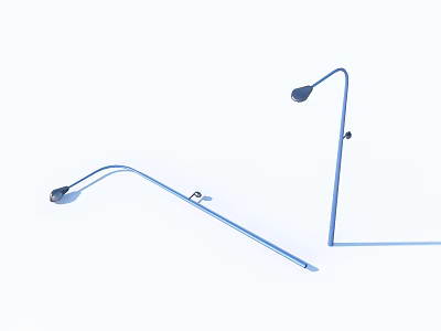 Two Blue Outdoor Lights With Curved Metal Brackets One Long One Short Round Lamp Heads 3d model