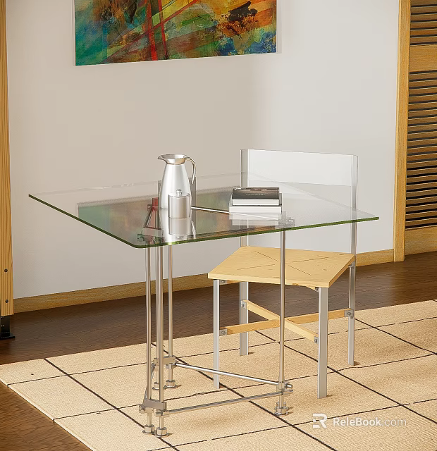 Modern Glass Top Table with Metal Frame and Wooden Seat Chair 3d model 