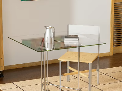 Modern Glass Top Table with Metal Frame and Wooden Seat Chair 3d model