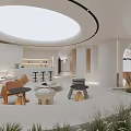 Modern Minimalist Interior Design With Circular Skylight Green Plants Glass Door And White Walls