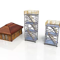 Industrial Metal Tower Equipment Featuring Staircases Safety Railings And Platforms
