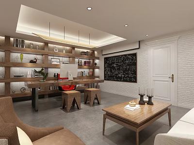 Modern Office Interior With Bookshelves Work Desk Chairs Sofa Coffee Table And Decorative Art 3d model