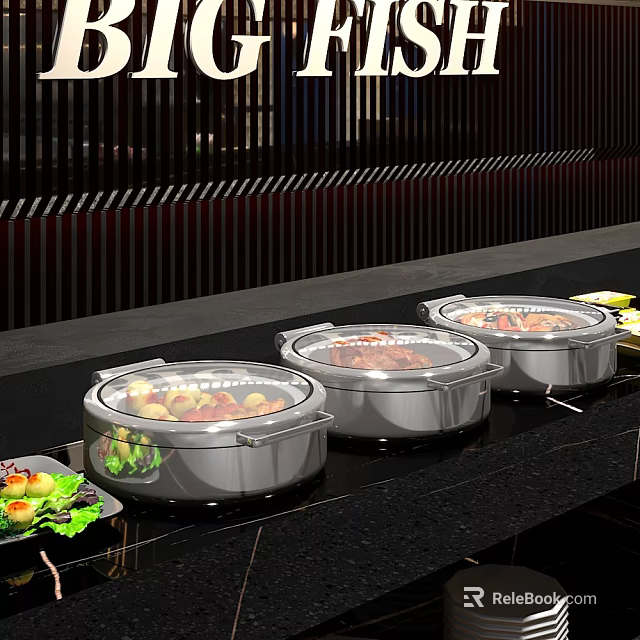 Buffet Station With Stainless Steel Chafing Dishes Covered Containers And Assorted Food 3d model 