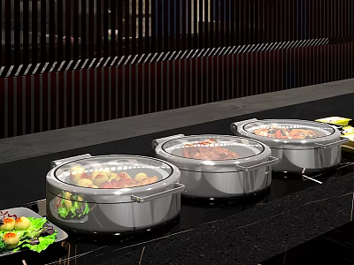Buffet Station With Stainless Steel Chafing Dishes Covered Containers And Assorted Food 3d model