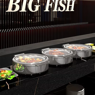 Buffet Station With Stainless Steel Chafing Dishes Covered Containers And Assorted Food 3d model