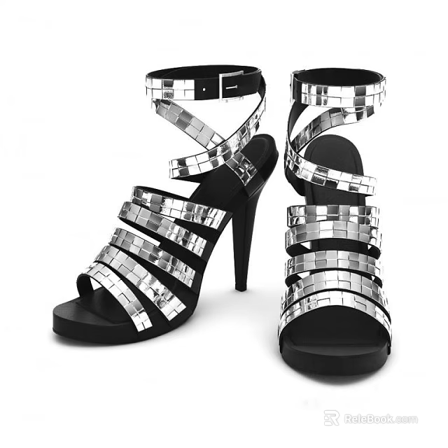 Stylish Silver Strappy High Heel Sandals With Mirror Detail And Black Sole 3d model 