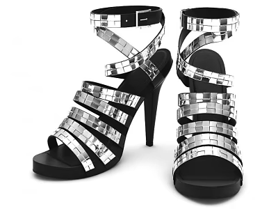 Stylish Silver Strappy High Heel Sandals With Mirror Detail And Black Sole 3d model
