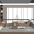 Modern Living Room Interior With Brown Sectional Sofa Wooden White Accent Wall And Coffee Table