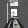 Hallway Garden Decor Elements Featuring Stone Path Small Plants Distant Tree And Skylight
