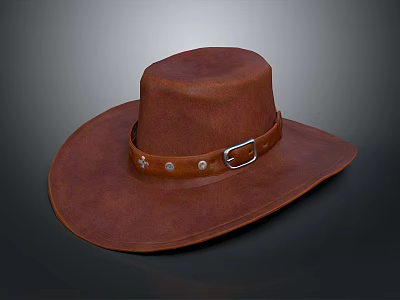 Brown Leather Cowboy Hat With Belt And Metal Buckle Classic Western Style 3d model