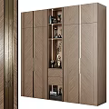Modern Decorative Cabinet Featuring Wooden Finish Gold Accents And Layered Shelves