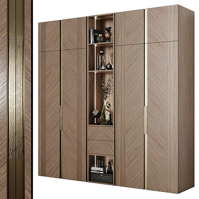 Modern Decorative Cabinet Featuring Wooden Finish Gold Accents And Layered Shelves 3d model