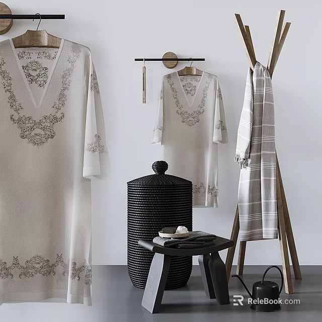 Beige Embroidered Robe Hanging On Hanger With Striped Blanket And Black Woven Basket In Minimalist Style 3d model 