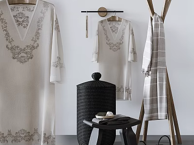 Beige Embroidered Robe Hanging On Hanger With Striped Blanket And Black Woven Basket In Minimalist Style 3d model