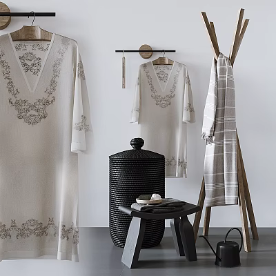 Beige Embroidered Robe Hanging On Hanger With Striped Blanket And Black Woven Basket In Minimalist Style 3d model
