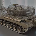Military Tank Featuring Protective Wire Mesh Turret And Heavy Metal Tracks Design