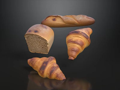 Fresh Baked Bread And Croissants Assorted Pastry Display On Black Surface 3d model