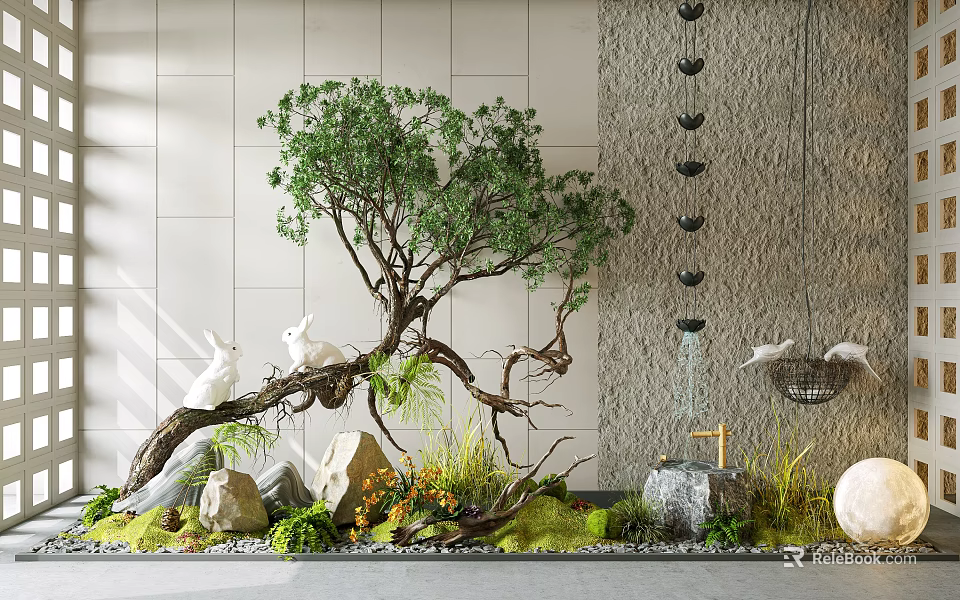 Lush Indoor Garden Plants With Unique Tree Moss Stones Rabbit Sculptures And Water Feature 3d model 