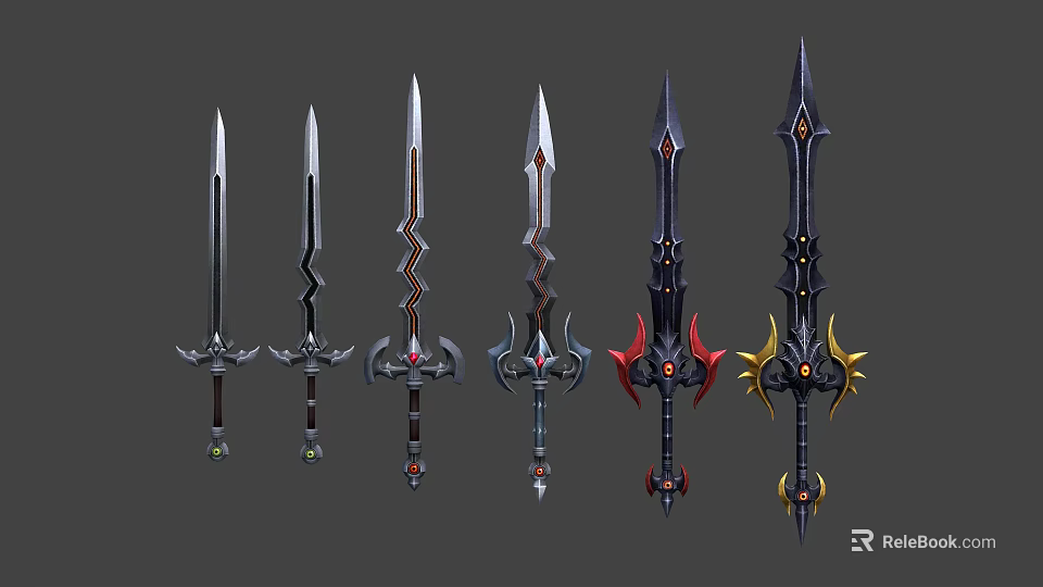 Multiple Different Designed Swords Featuring Ornate Handles And Intricate Blade Details 3d model 