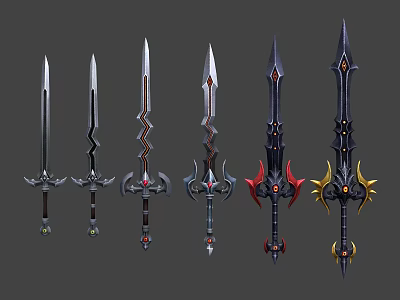 Multiple Different Designed Swords Featuring Ornate Handles And Intricate Blade Details 3d model