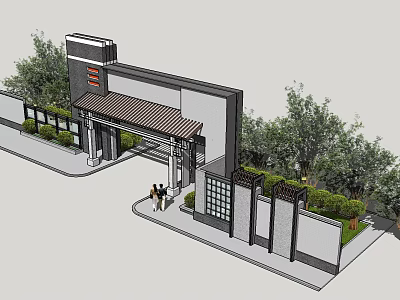 Traditional Chinese Entrance Gate Design With Eaves Grille Windows Green Plants And Trees 3d model