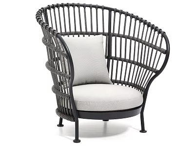 Modern Rattan Outdoor Chair With Black Frame And Light Gray Cushions 3d model