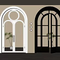 Arched White and Black Glass Double Doors with Gold Handles Indoor Plants Wooden Floor
