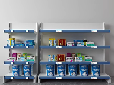 Medical Devices And Healthcare Supplies On Blue Storage Shelves With Organized Packages 3d model