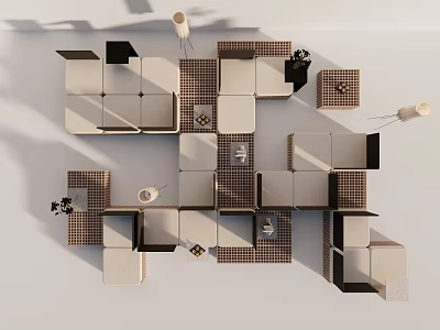 Modern Modular Outdoor Sofa With Beige Brown Woven Texture Side Tables And Plants 3d model