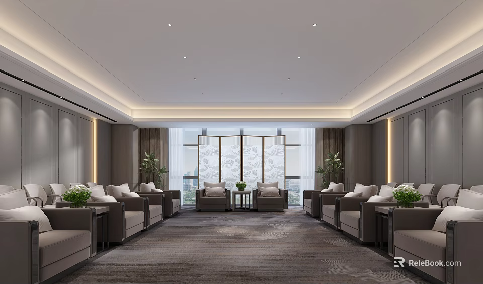Spacious Hotel Public Lounge Area With Comfortable Sofas Green Plants Large Windows And Natural Light 3d model 