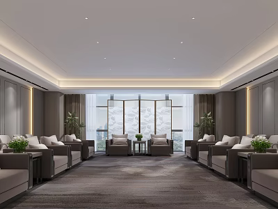 Spacious Hotel Public Lounge Area With Comfortable Sofas Green Plants Large Windows And Natural Light 3d model