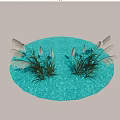 Lush Feathery Reed Plants with Green Leaves on Serene Blue Water Surface