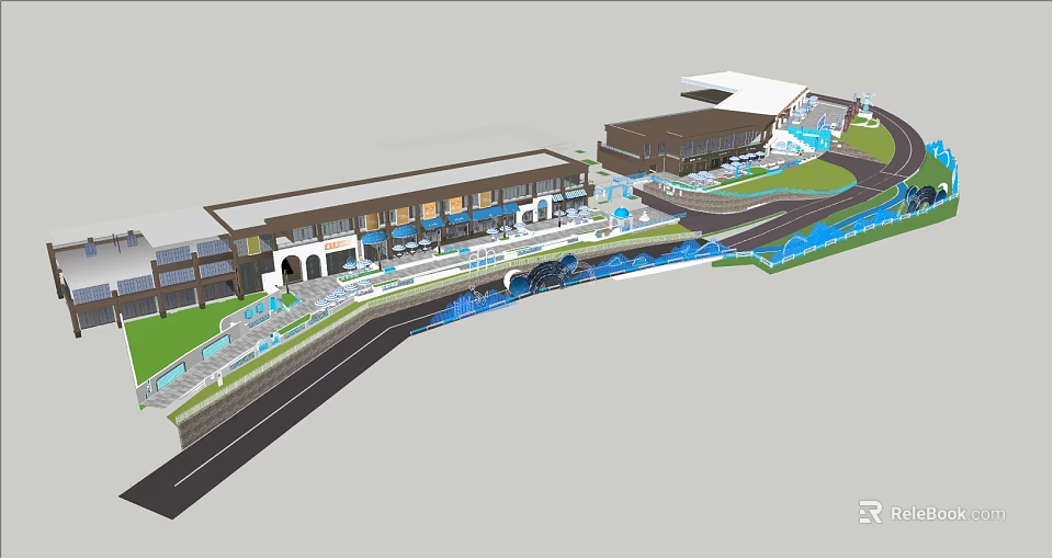 Modern Commercial Street Design with Water Feature Buildings and Green Pedestrian Areas 3d model 