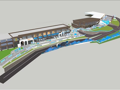 Modern Commercial Street Design with Water Feature Buildings and Green Pedestrian Areas 3d model