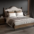 Elegant Double Bed with Wooden Upholstered Headboard White Sheets Pillows Nightstands and Dark Walls