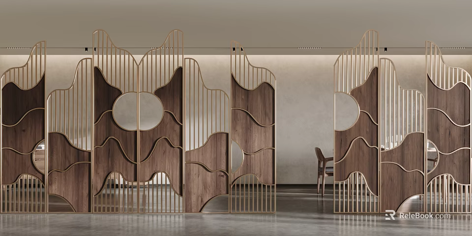 Modern Room Divider Screen With Wooden Panels Metal Frame And Circular Wave Cutouts 3d model 