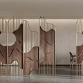 Modern Room Divider Screen With Wooden Panels Metal Frame And Circular Wave Cutouts