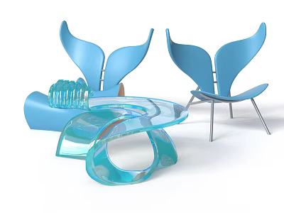 Modern Blue Butterfly Shaped Accent Chairs With Transparent Glass Coffee Table 3d model