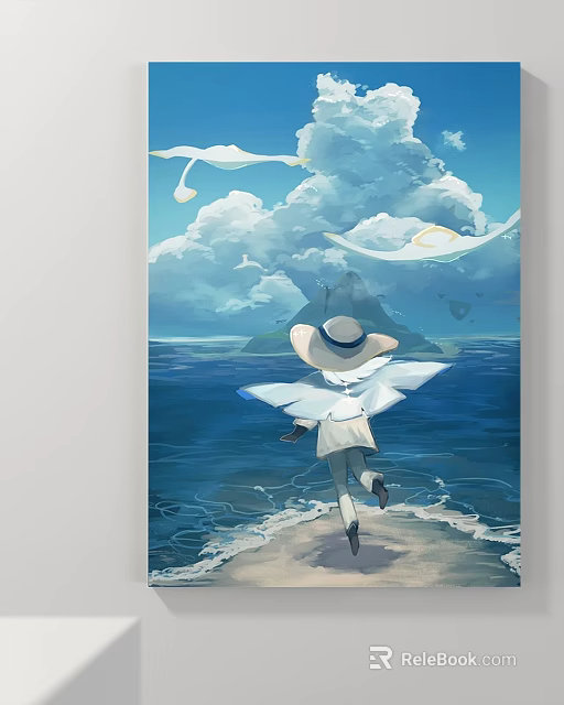 Figure Painting of Winged Person in White Hat Walking on Seaside with Clouds and Birds 3d model 