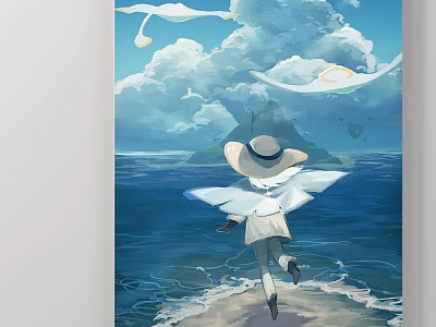 Figure Painting of Winged Person in White Hat Walking on Seaside with Clouds and Birds 3d model