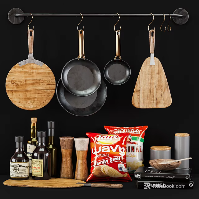 Modern Kitchen Cookware Display Including Hanging Pans Cutting Boards And Spice Jars 3d model 