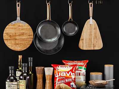 Modern Kitchen Cookware Display Including Hanging Pans Cutting Boards And Spice Jars 3d model