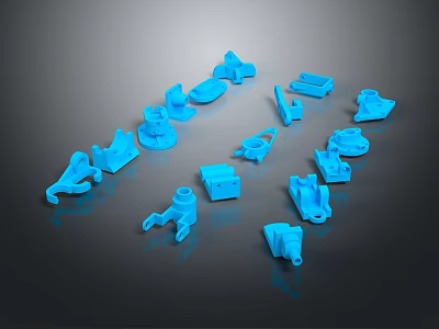 Various Blue Hardware Tool Components Scattered on Black Background Surface 3d model