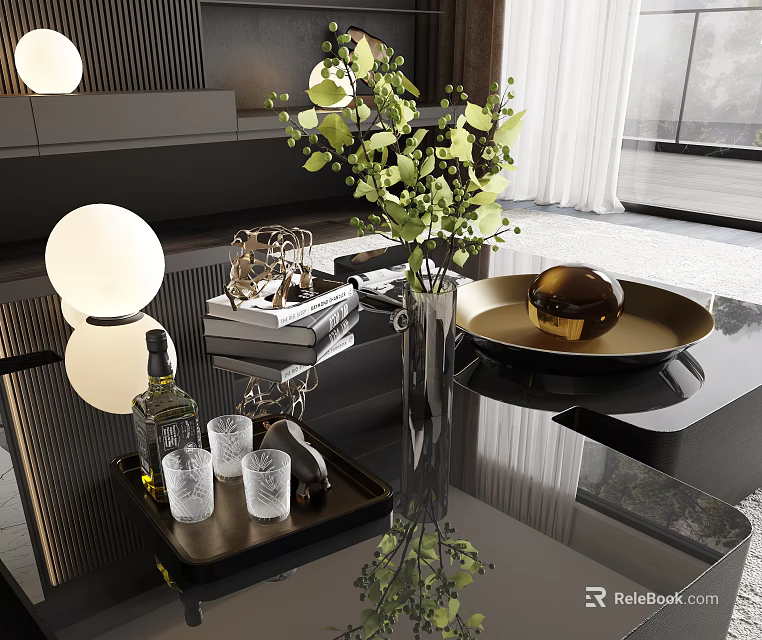 Elegant Decorative Ornament Set With Green Plants Gold Sphere And Glass Cups On Black Table 3d model 