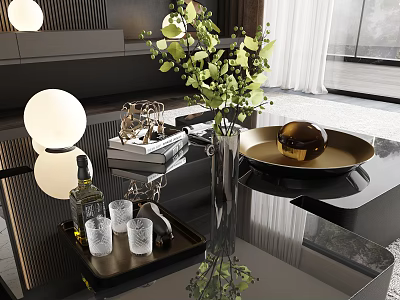 Elegant Decorative Ornament Set With Green Plants Gold Sphere And Glass Cups On Black Table 3d model
