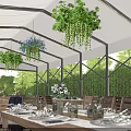 Outdoor Restaurant Patio With Canopy Plants String Lights And Dining Tables 3d model