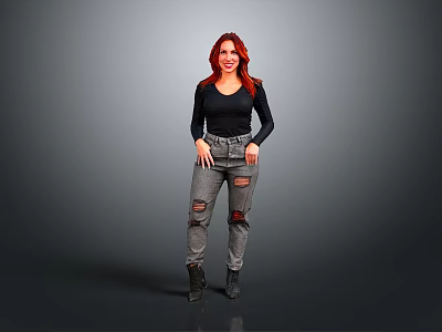 Woman With Red Hair Wearing Black Long Sleeve Top And Ripped Jeans With Black Boots 3d model