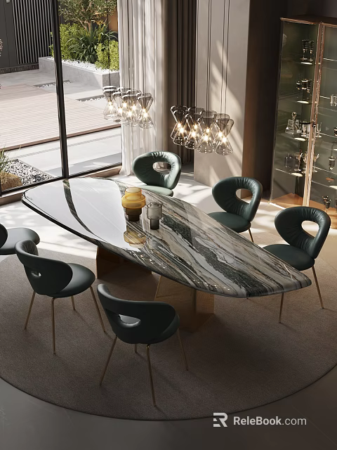 Elegant Restaurant Interior With Marble Dining Table Dark Green Chairs Chandeliers And Large Windows 3d model 