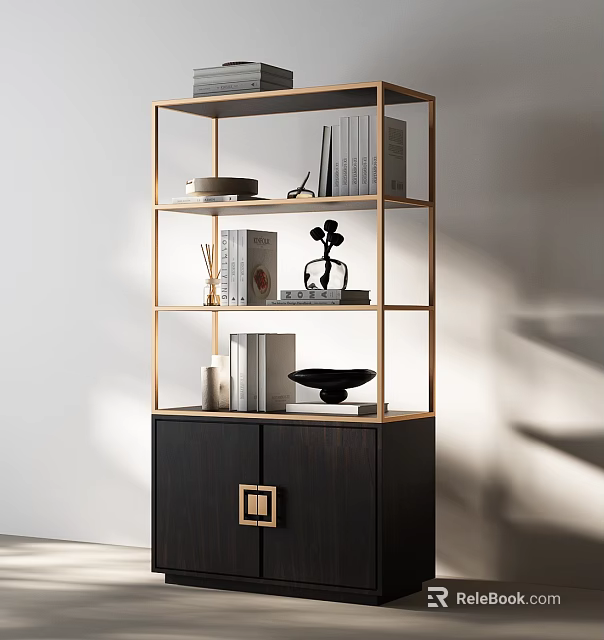 Elegant Modern Bookcase With Wooden Cabinet Metal Frame Open Shelves Books And Decor Items 3d model 