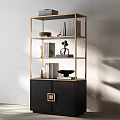 Elegant Modern Bookcase With Wooden Cabinet Metal Frame Open Shelves Books And Decor Items